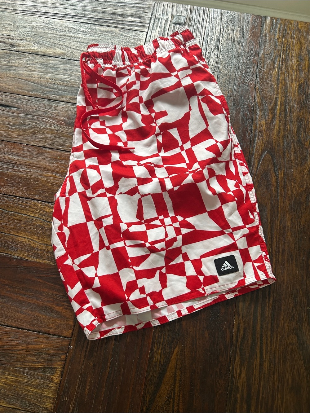 adidas Red and White Checkerboard Swim Shorts